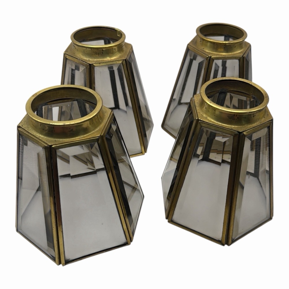 4 Light Shades Brass Smoked Beveled Glass Ceiling Fan Hexagon 4.75"